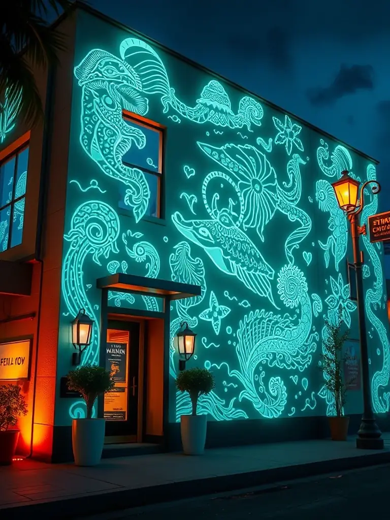 A digitally generated image of a bioluminescent mural on a building facade, with the surrounding environment illuminated by the soft glow, emphasizing the artistic and eco-friendly nature of the installation.
