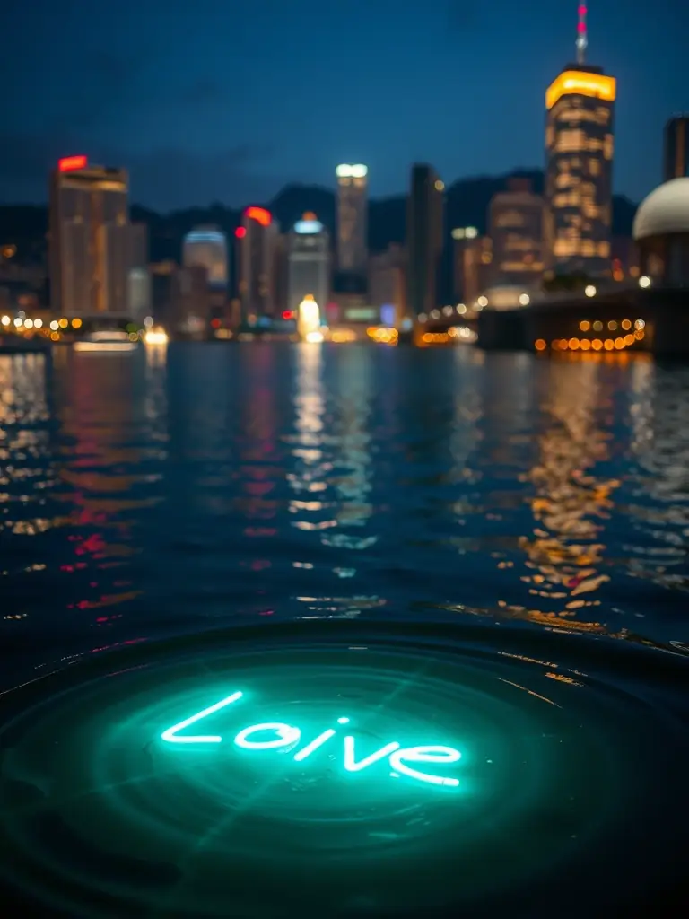 A digitally generated image of a bioluminescent message floating on the surface of a river at night, with the city skyline in the background, highlighting the unique advertising medium.