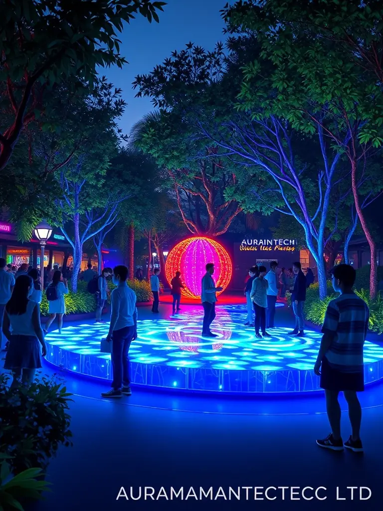 A digitally generated image of a bioluminescent installation in a public park, with people interacting with the glowing display, showcasing the immersive experience.